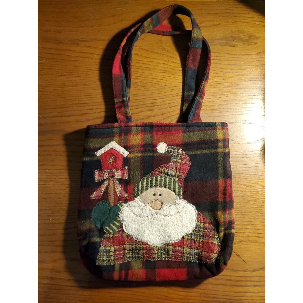 Vtg Folk Art Christmas Santa Tote Bag Stitches 'N Snow-New-Holiday Bag Zip Close